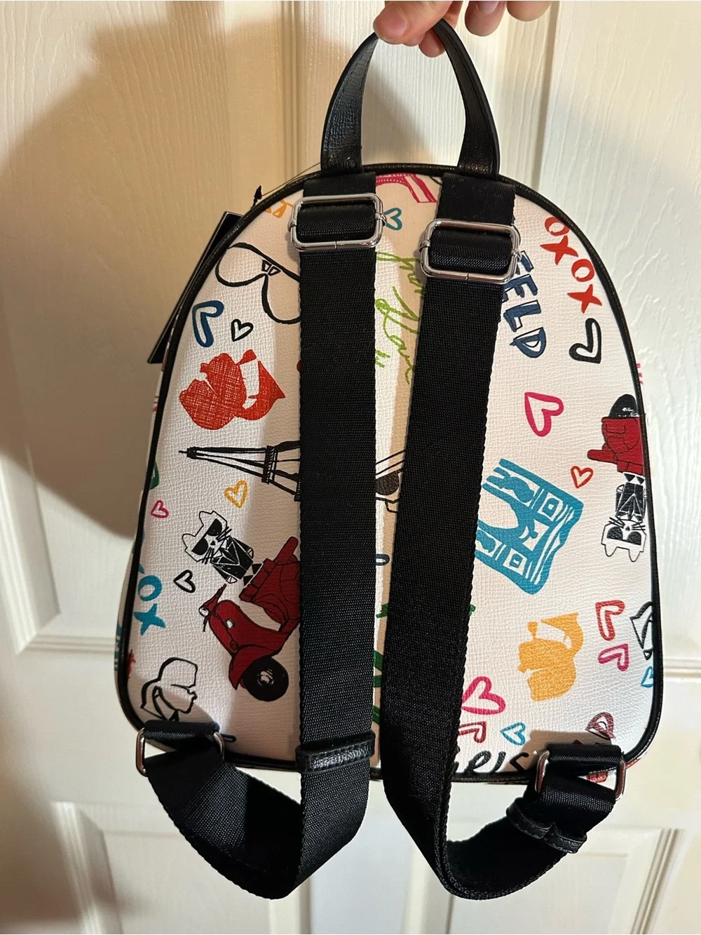 Karl Lagerfeld White Multicolor Graffiti Mini Backpack with Karl Face Applique